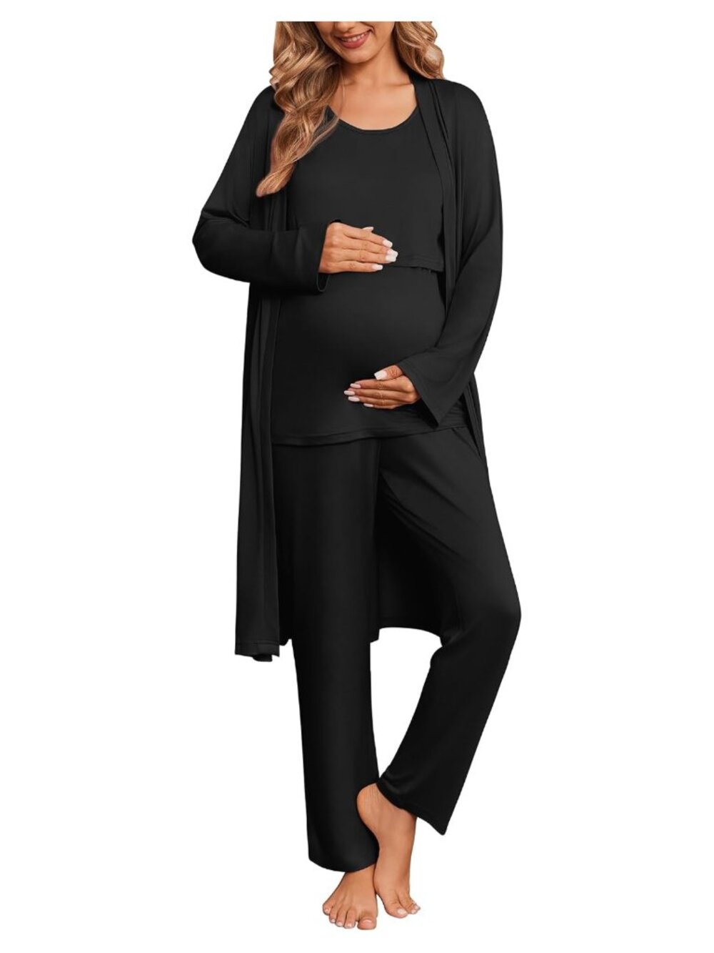 Maternity Nursing Pajama Set 3 Piece Robe Tank Pants Breastfeeding Postpartum